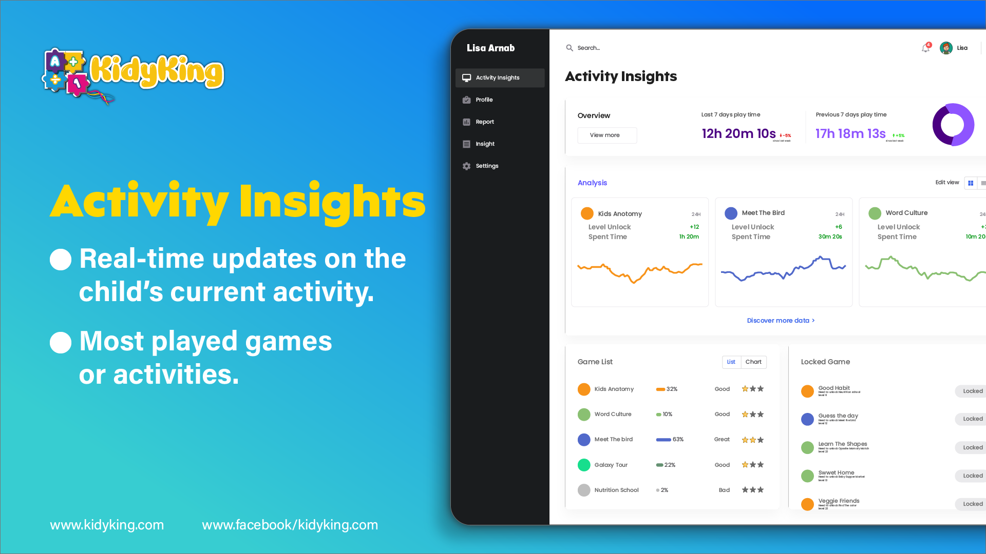 Kidy King parent dashboard showing a child's progress